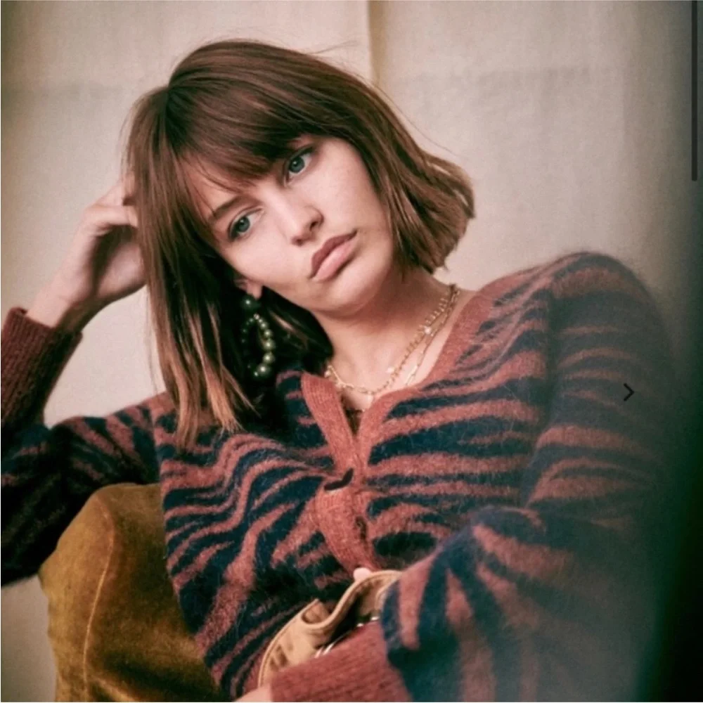 Sezane Rust and Navy Zebra-Striped Mohair Blend Cardigan